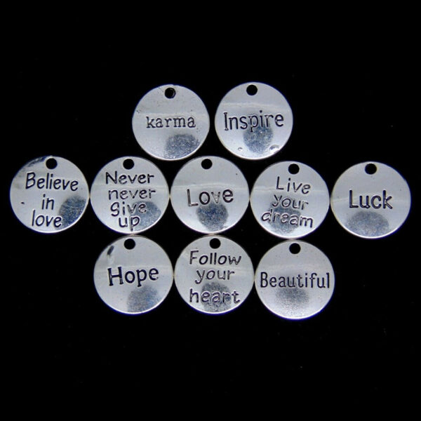 5 Pcs - Tibetan Silver Round Wishes Theme Charm Pendants 20mm Quotes Craft ML