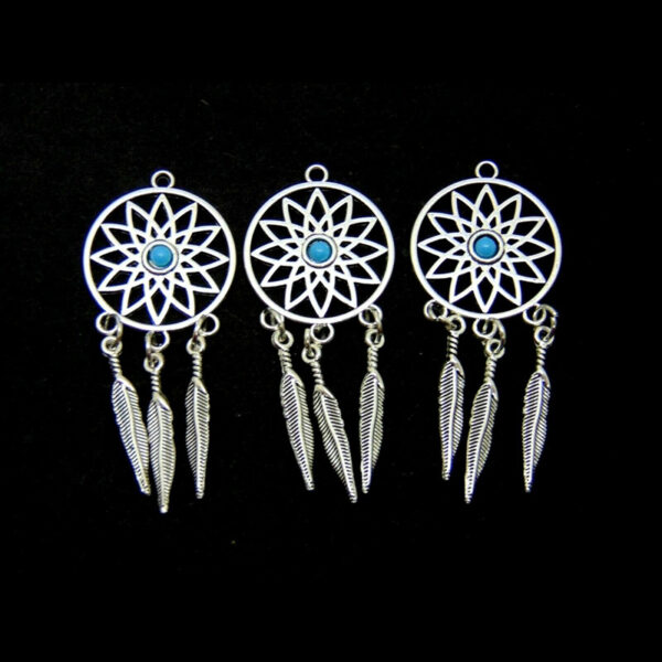 Tibetan Silver Feather Dream Catcher Charms Pendants with Faux Turquoise UK